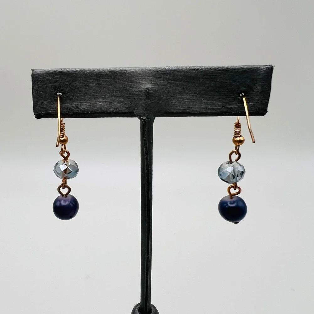 Handmade Blue Beaded Dangle Earrings Gold Tone French Hook Faceted Drop